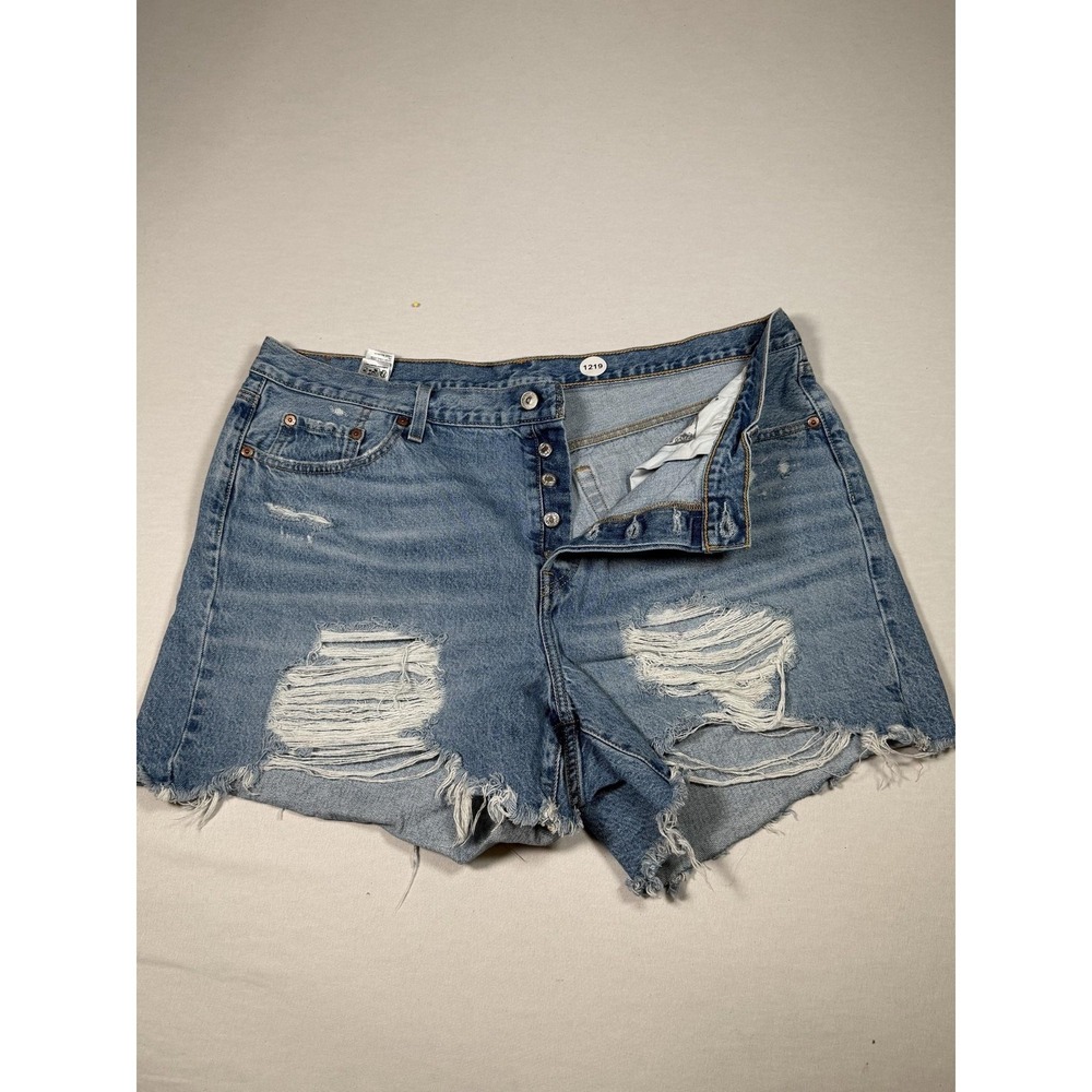 Levis 501 Shorts Womens 18W Blue Denim Distressed Cut Off Button Fly Frayed Hem